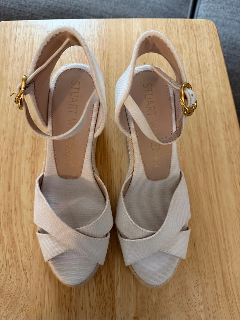 Stuart Weitzman Neutral Linen Crisscross Ankle Strap Wedges - Picture 1 of 5